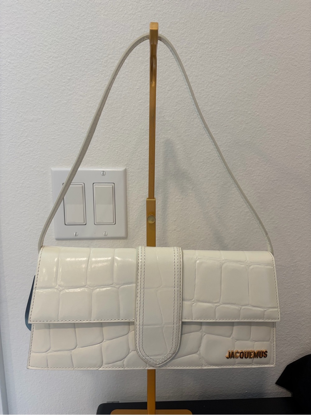 Jacquemus White Croc-Embossed Bambino Long Shoulder Bag with Gold Logo